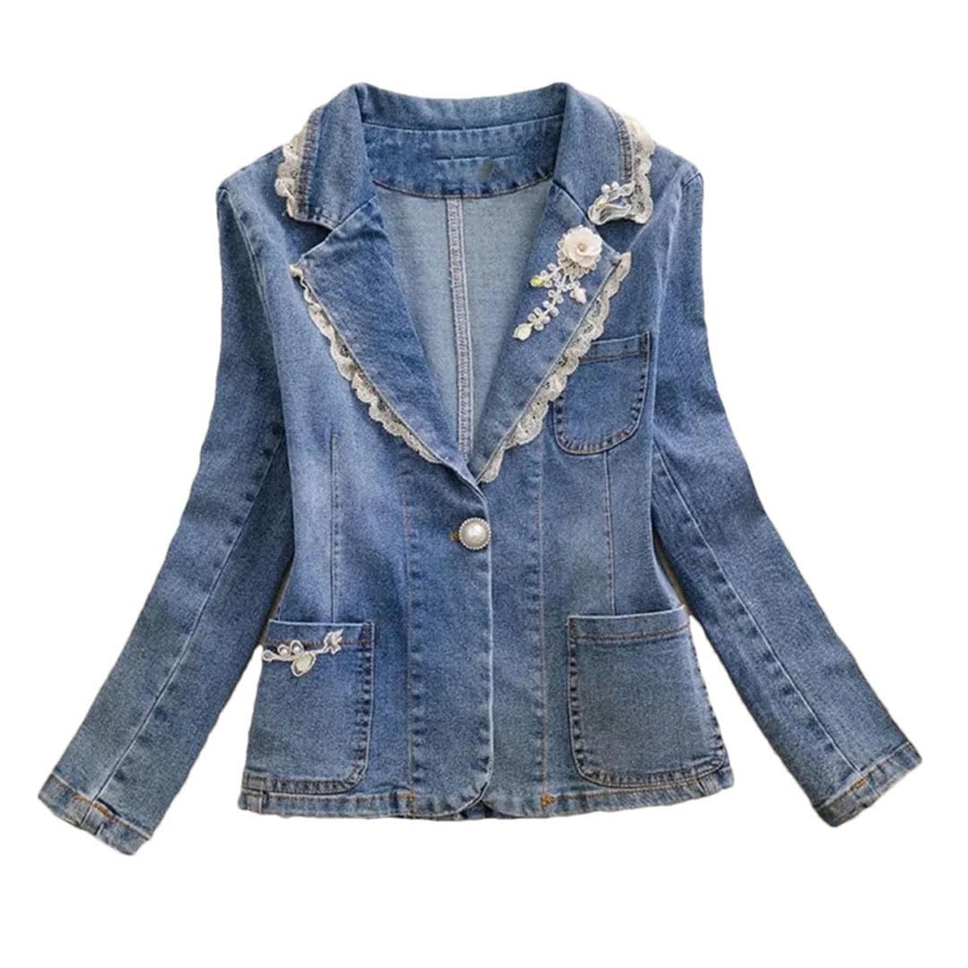 Women Slim V-Neck Long Sleeve Loose Lace Button Pockets Denim Coat