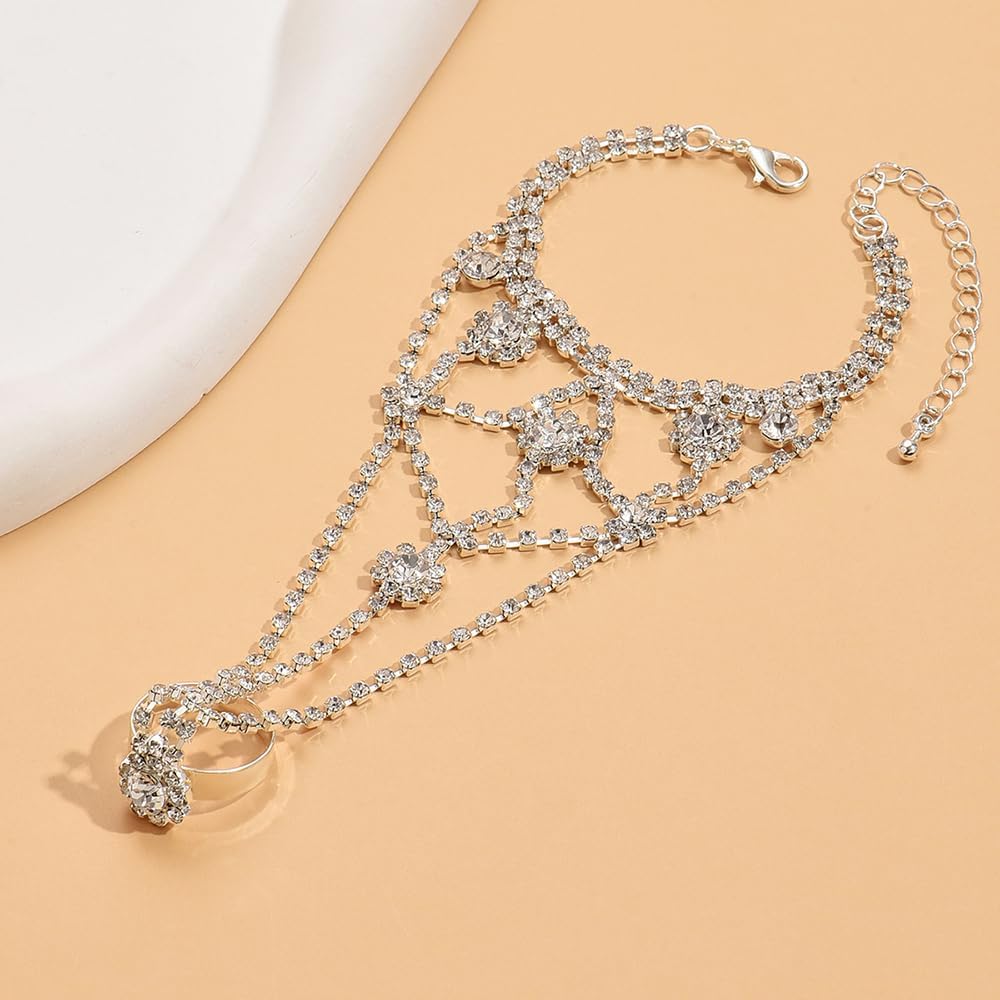 JWICOS Silver Sparkly Rhinestone Finger Ring Bracelet for Women Bridal Slave Chain Link Hand Accessories Jewelry for Bride and Prom (Style 14) - Image 4