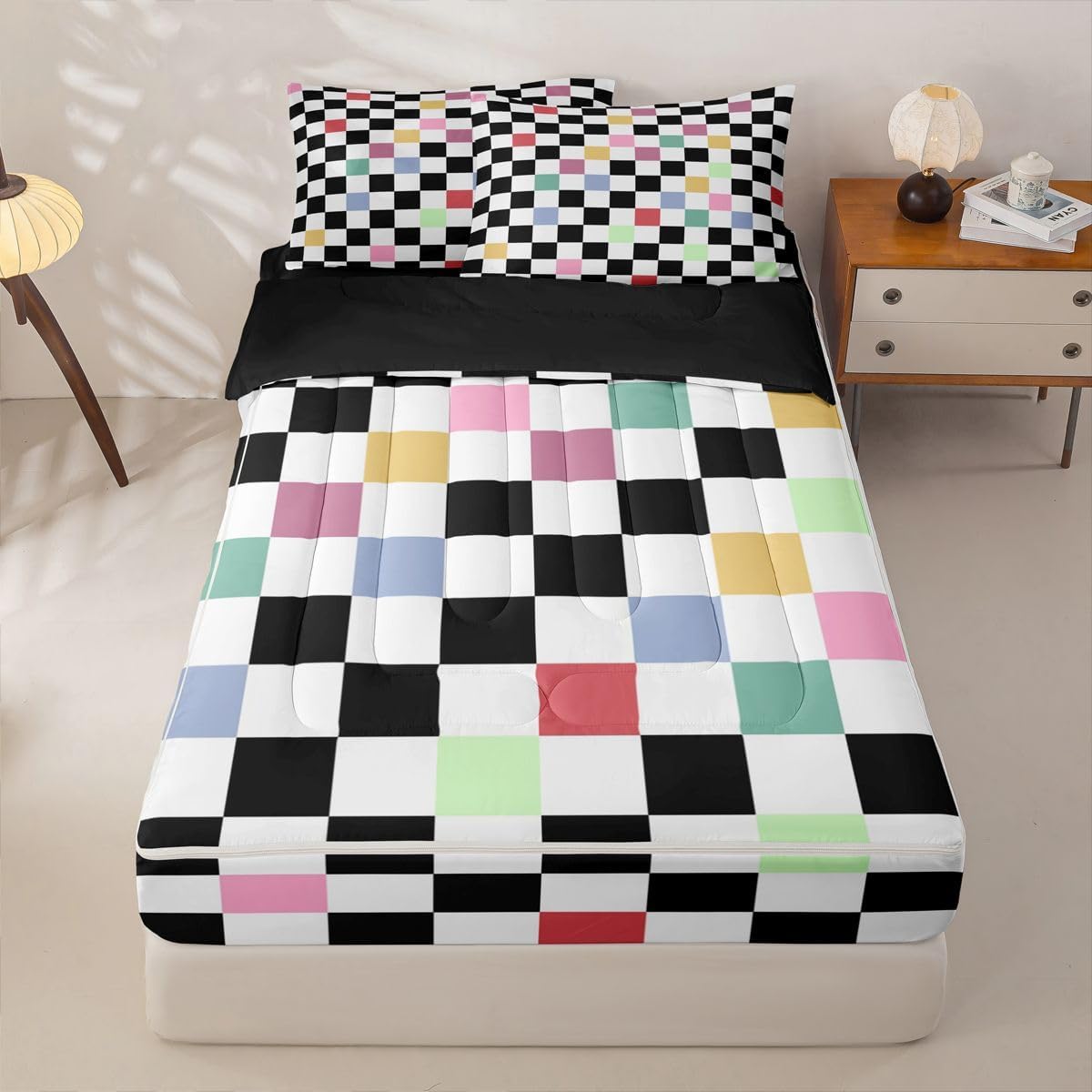 Feelyou Black and White Plaid Zipper Bedding Geometric Grid Comforter Set for Kids Boys Girls Twin Size, Checkered Zippered Kids Bedding Set Ultra Soft Bed in a Bag