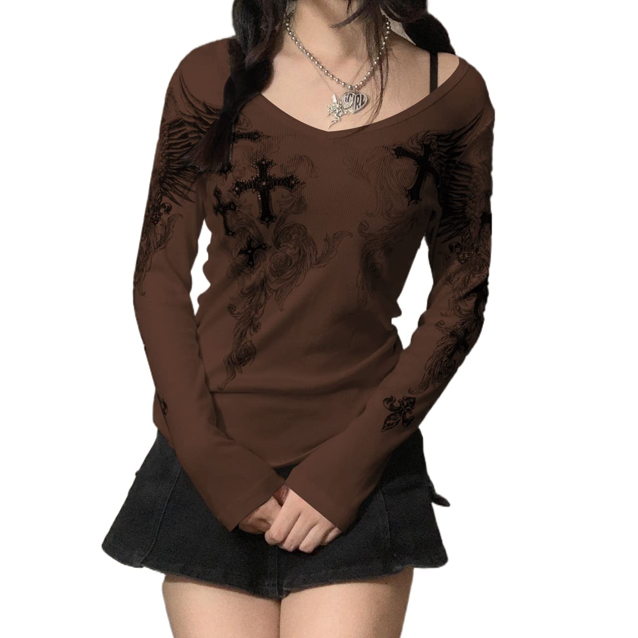 Yassiglia Y2K Lace Crop Top Patchwork Langarmshirt Elegant