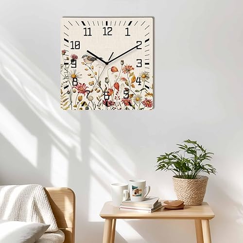 Miniatura 2 de Fall Wild Flowers Wooden Wall Clock Silent Non Ticking, Country Retro Birds Farmhouse Floral Square Wall Clock Battery Operated, Decor Clock for