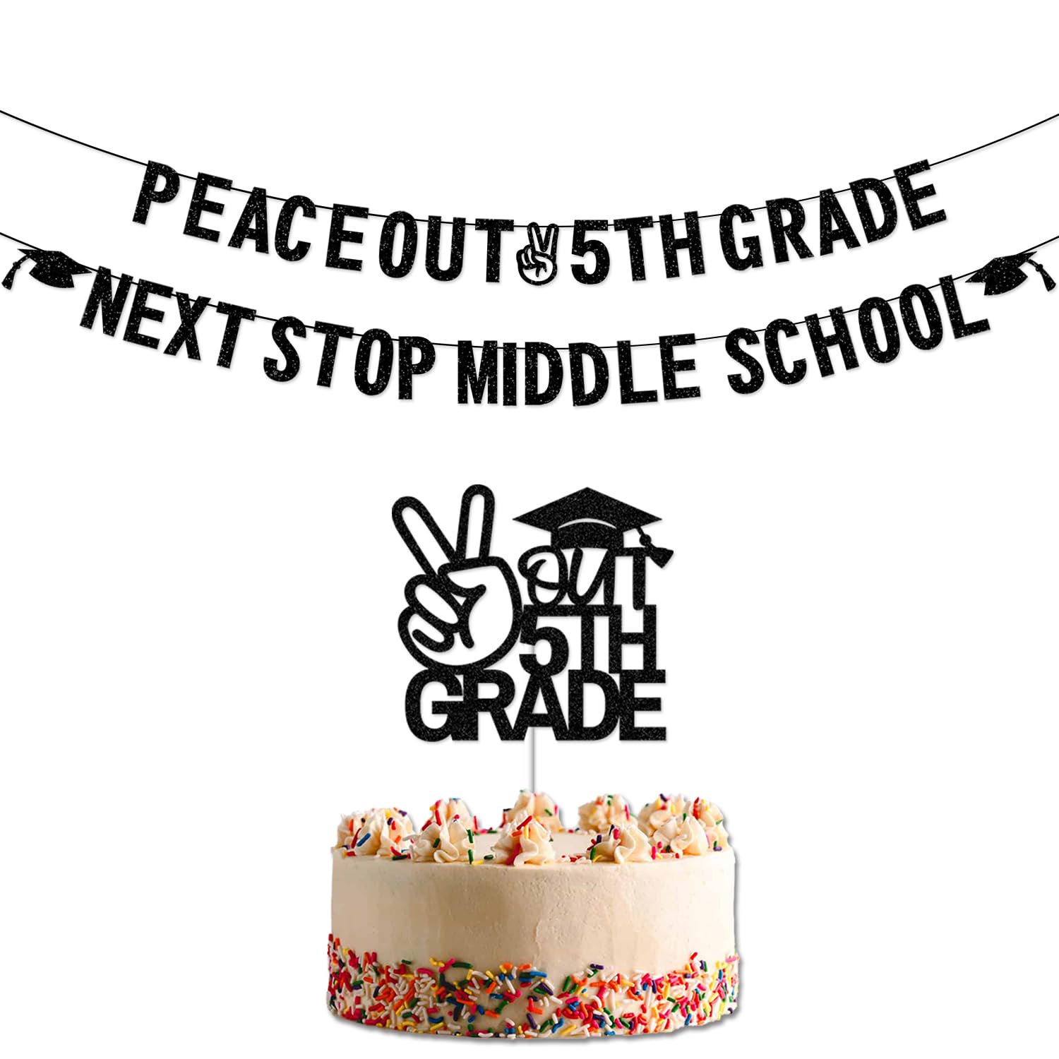Peace Out 5th Grade Next Stop Middle School Banner Cake Topper, 5th Grade Graduation Decorations 2025, Boy Girl Kids Fifth Grade Graduation Party Decorations GDHF5 (Black)