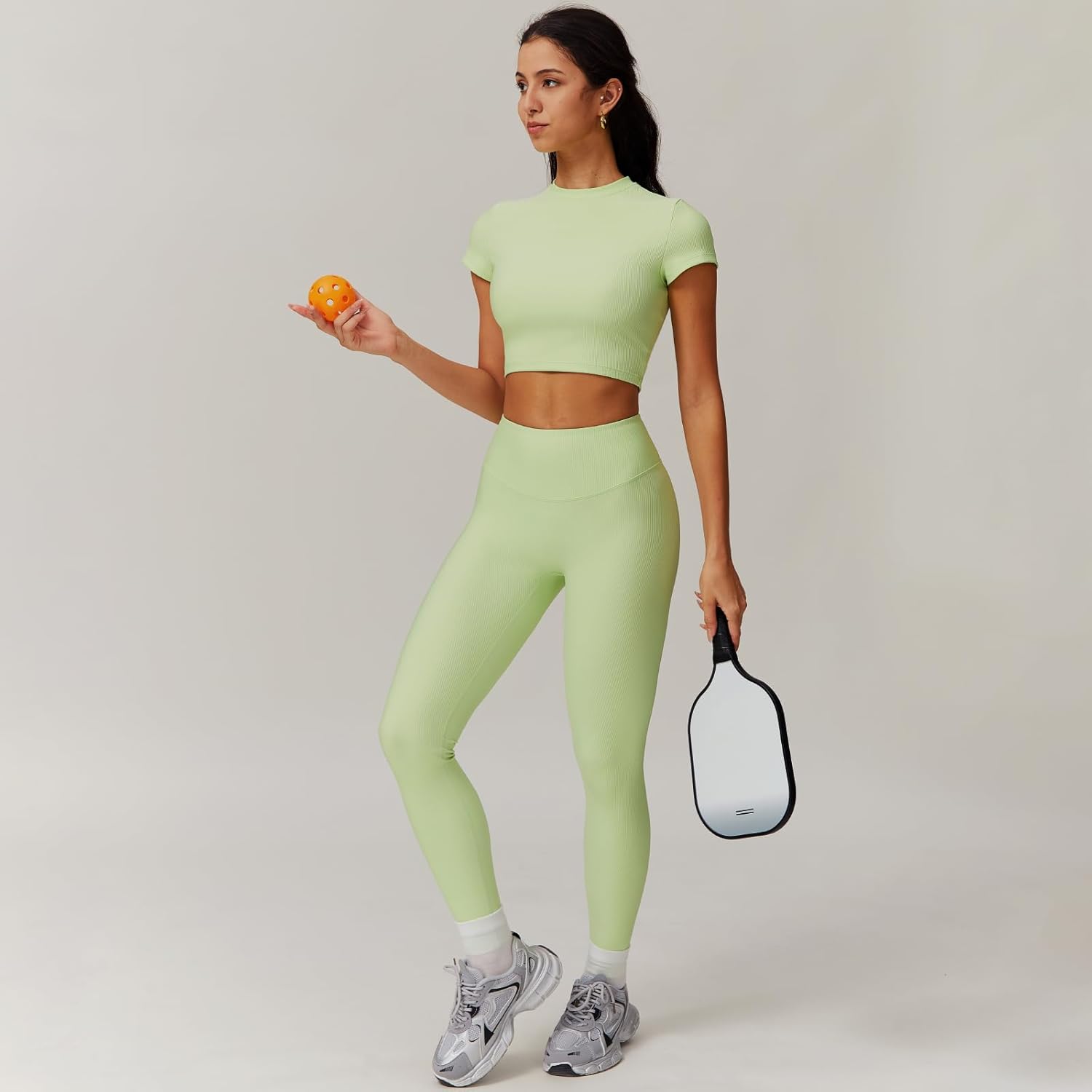 Women’s 2 Piece Workout Set – Short Sleeve Crop Top & High Waist Leggings – Athletic Yoga Outfit Activewear - Image 3