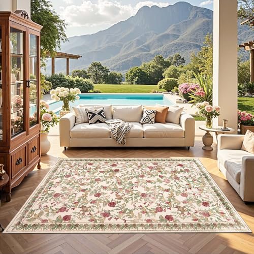 jinchan 5x7 Floral Vintage Washable Living Room Area Rug, Red/Green