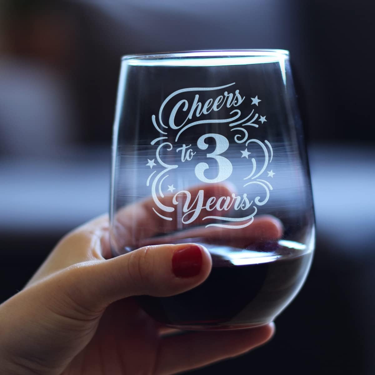 Bevvee Cheers to 3 Years - Stemless Wine Glass Gifts for Women & Men - 3rd Anniversary Party Decor - Large 17 Oz Glasses - Image 3