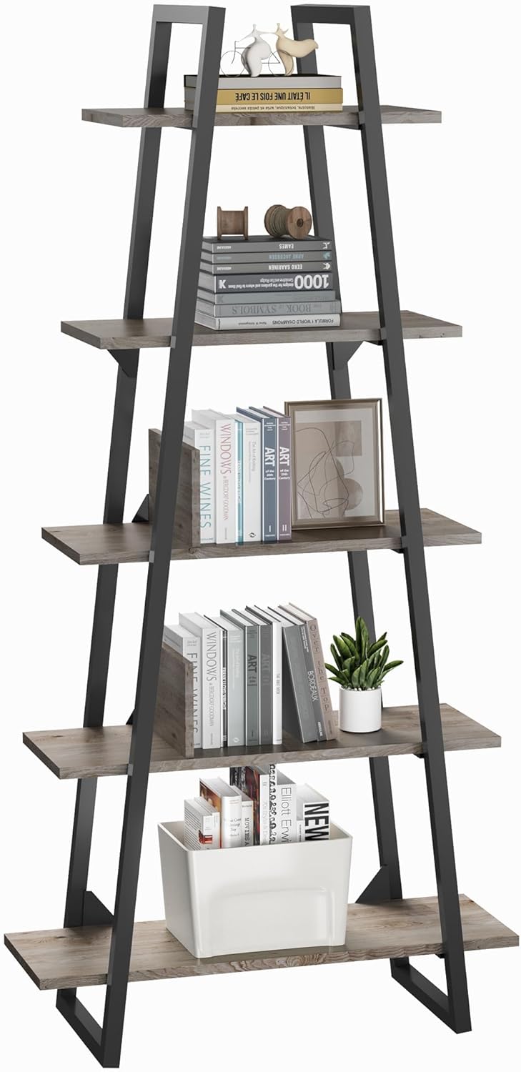 GAOMON Bookshelf, 5 Tier Ladder Bookshelf, Standing Display Shelves with Strong Metal Support, Tall Open Rustic Etagere Bookcase for Home Living Room, Office, Kitchen, Light Gray