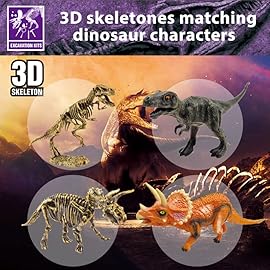 Dinosaur Fossil Dig Kit, Dino Excavation Kits for Kids, Educational Science Kits, Dinosaur Toys for Kids, Dig up 2 3D Skeleton Puzzles and 2 Dino Figures Including T-Rex, Triceratops