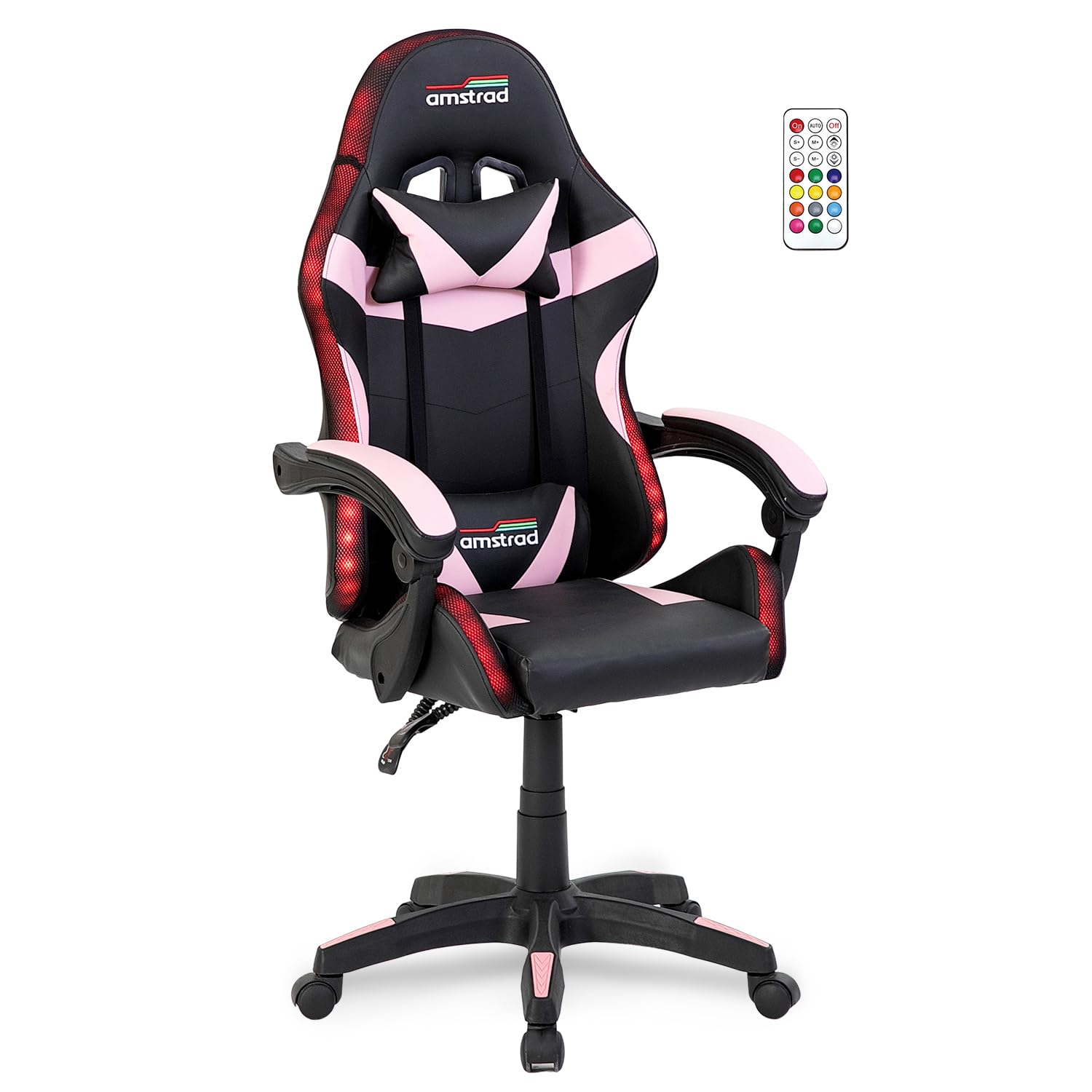 Amstrad AMS-900-LED-PINK Fauteuil/Chaise de Bureau Gamer Noir Rose - Eclairage LED 366 Effets - Télécommande