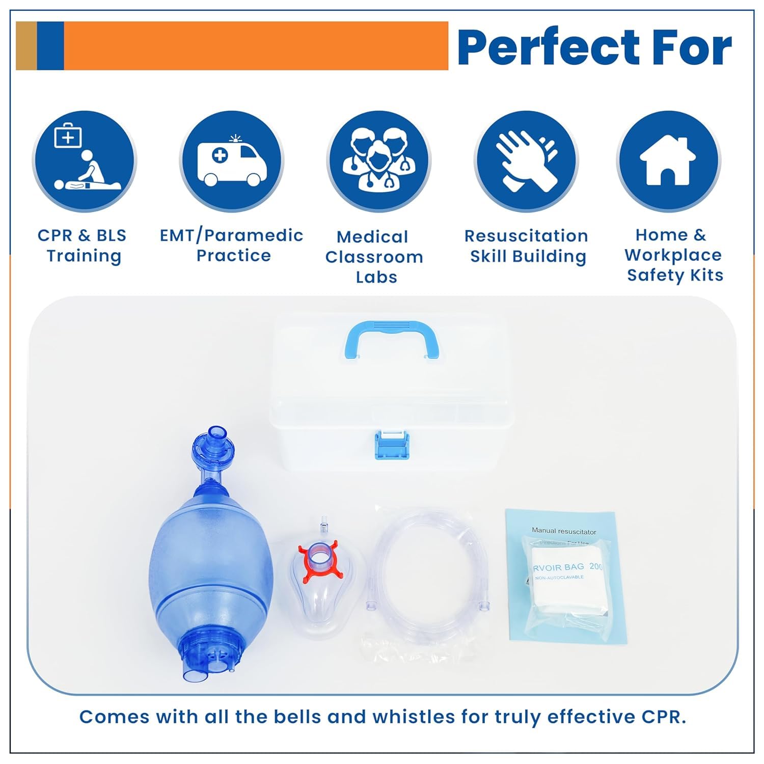 Adult & Child CPR Training Simulation Kit - Manual Squeeze Bag Trainer with Practice Mask, Tubing & Carry Case - for Classroom & Certification Practice - 1pack