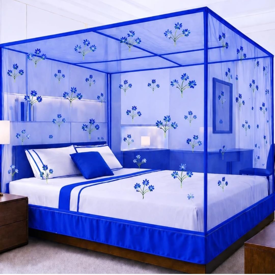 Blue Floral Print Square Mosquito Net Canopy for Double Bed | 4-Corner Post Design, Mesh Net Material, Floral Pattern, Full Coverage, Indoor Use-image-18