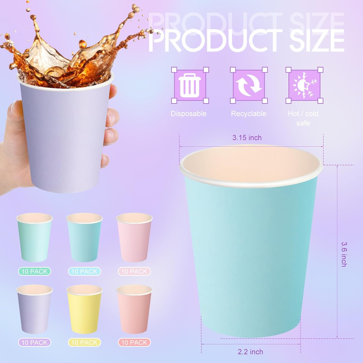 Zhehao Pastel Disposable Cups Summer Paper Coffee Color Paper Cups for Pastel Rainbow Birthday Party Supplies Xmas Holiday Table Decorations(60 Pcs,8 oz) - Image 3