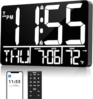 13" Bluetooth Auto Sync Wall Clock - Large Digital Alarm Clock with Remote, 25 Ringtones, Dual Alarm, Adjustable Brightness, 12/24H, Auto DST, for Living Room, Kitchen, Office, Elderly