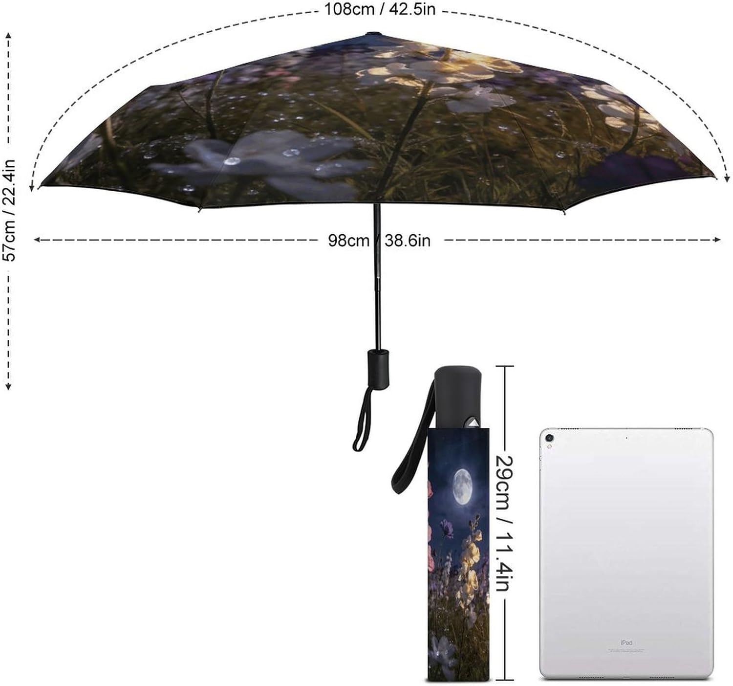 Wildflower Night Umbrella,Automatic Open 3 Folding Umbrella Strong And Portable Durable Premium Grip Travel Umbrella for Men And Women Fits Car And Backpack