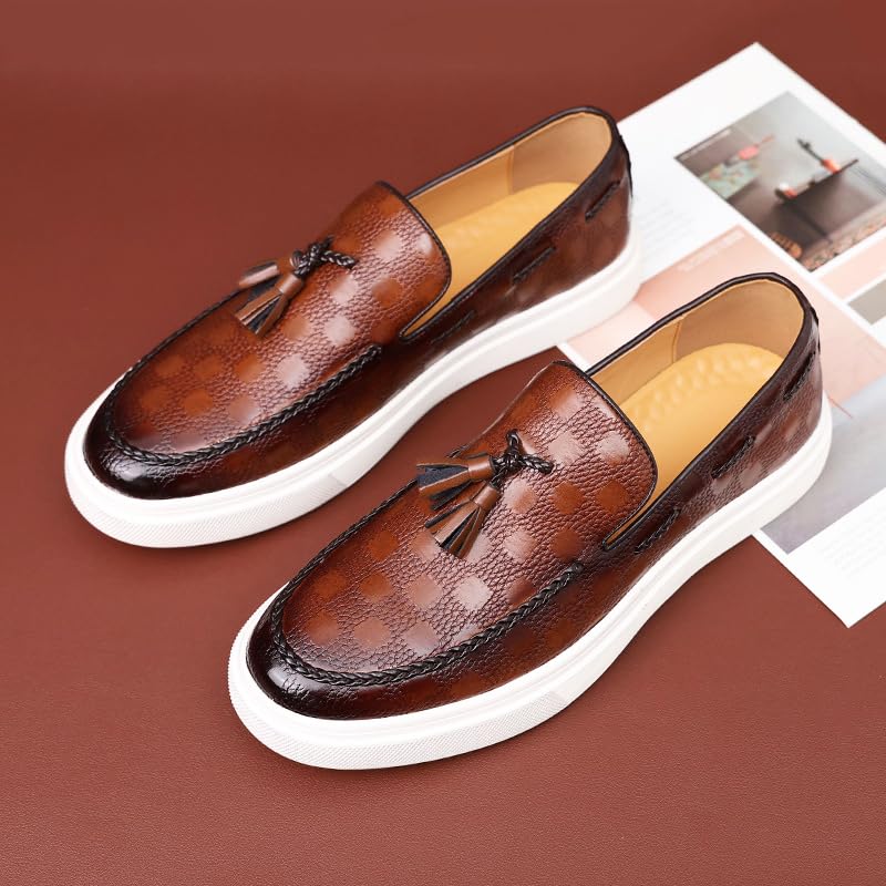 Image of Zeberfi Men's Plaid Pattern Leather Slip On Tassel Loafers Fashion Round Toe Low Top Non-Slip Luxury Business Casual Shoes