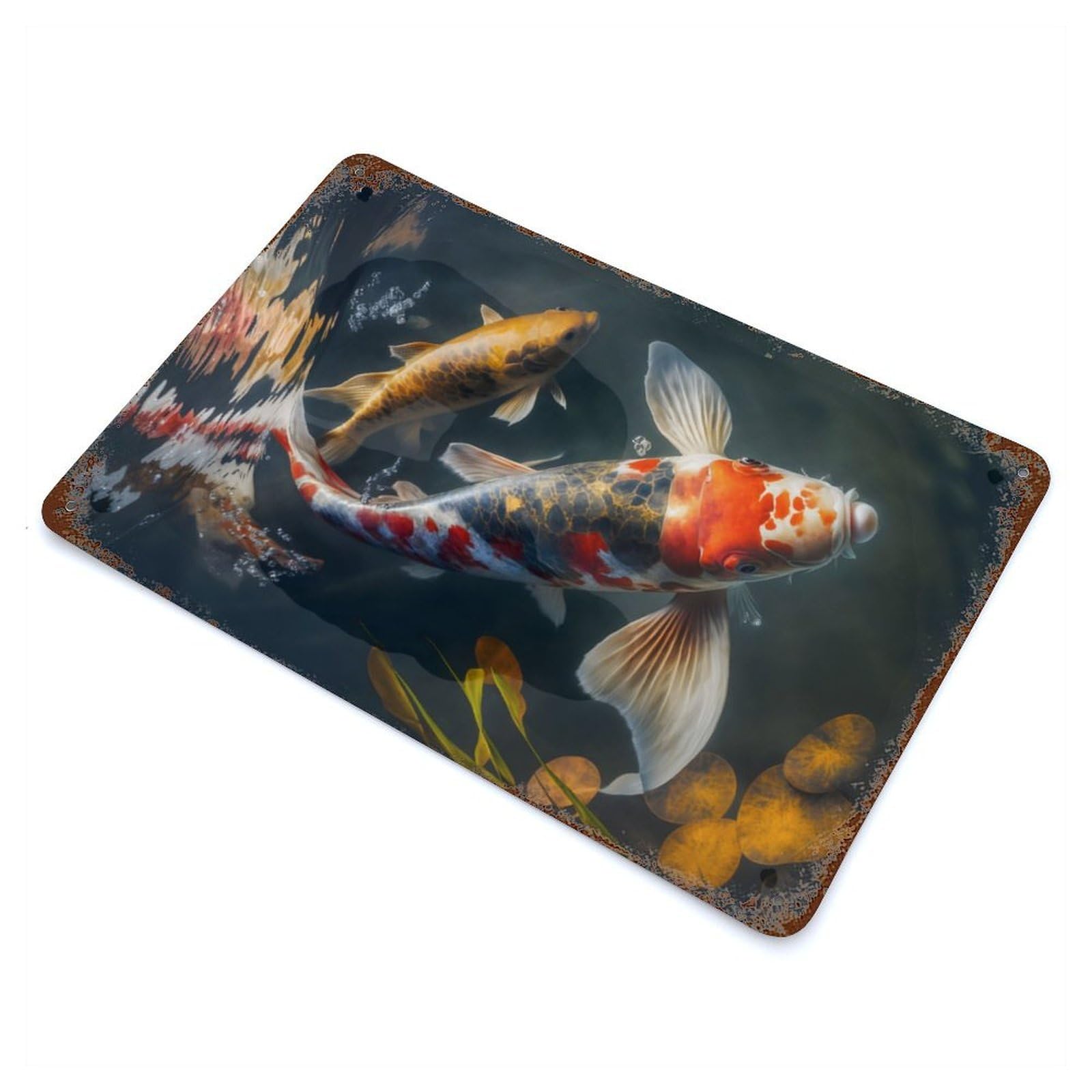 Decorative Tin Sign Koi Fish Peaceful Waters 11.8"x7.9", Decorative Metal Wall Art for Garage, Bar And Workshop Decor