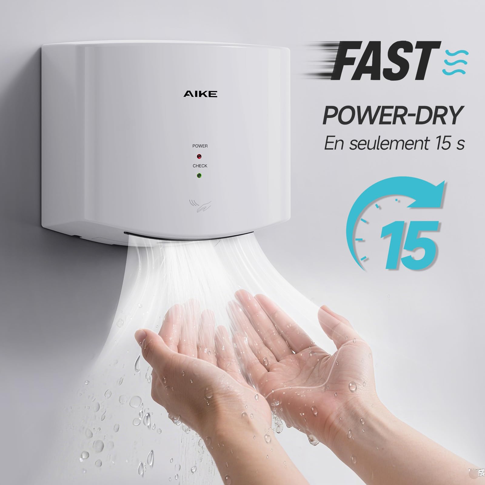 AIKE Air Wiper Sèche-Mains Compact, Séchage Rapide, 1400W 220V, Branchez & Utilisez, sans Papier & sans Contact pour Sanitaires Publics, AK2630S (Blanc)