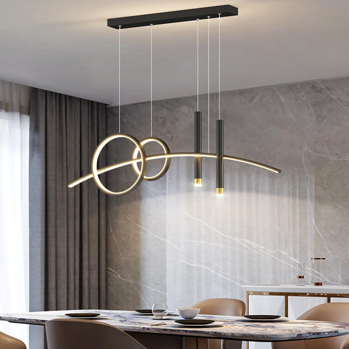 Aleaty Modern Dining Table Pendant Lamp LED Dimmable Dining Table Lamp Hanging with Remote Control Pendant Lamp Height Adjustable Chandelier Lamp for Living Room Dining Room Kitchen Office (Black)