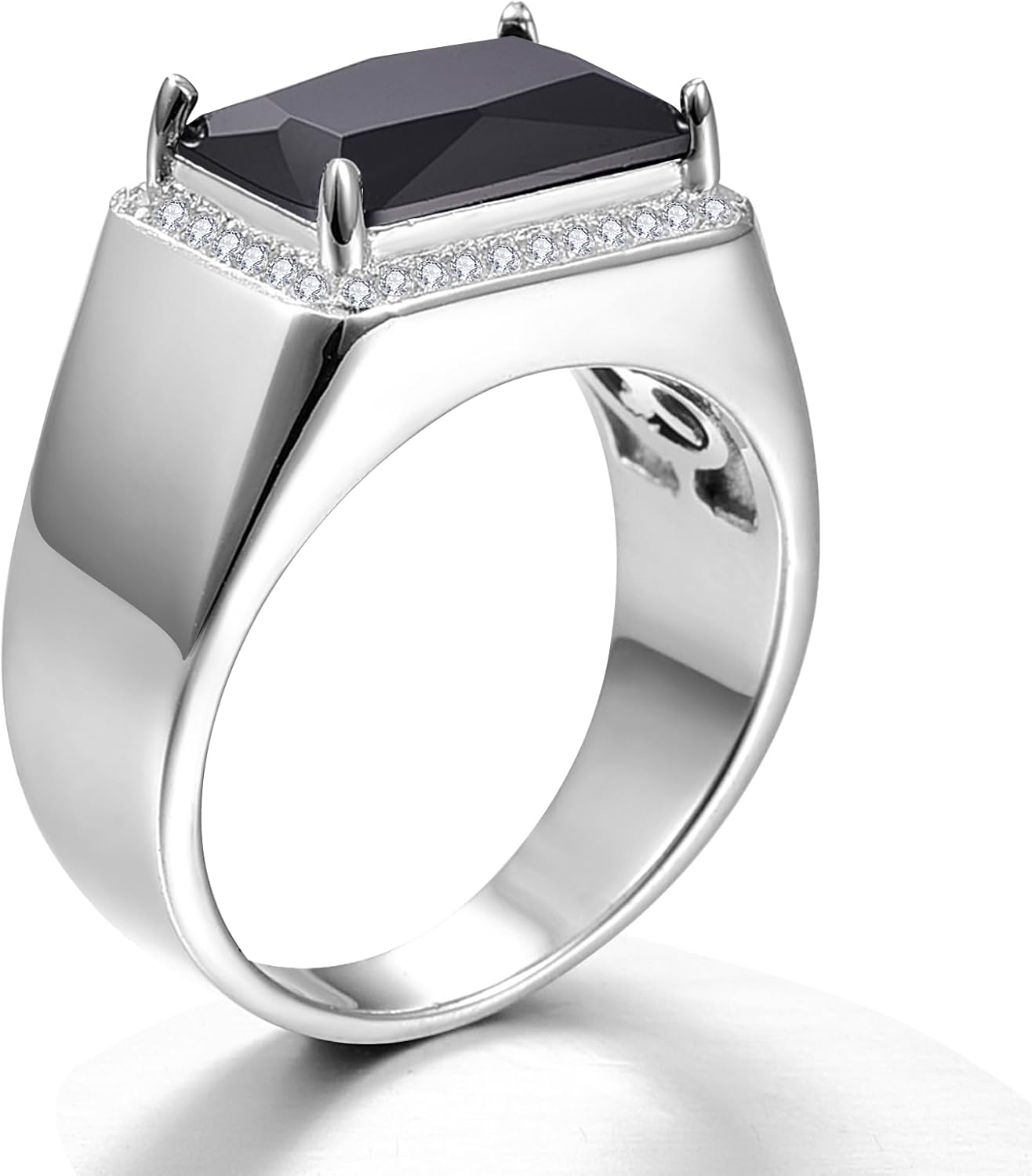 7ct Created Sapphire|Black Onyx Rings for Men White Gold Plated Mens Ring Rectangle Cut Simulated Gemstone with White Cubic Zirconia Mens Wedding Engagement Rings Band Size 5-14 - Image 3