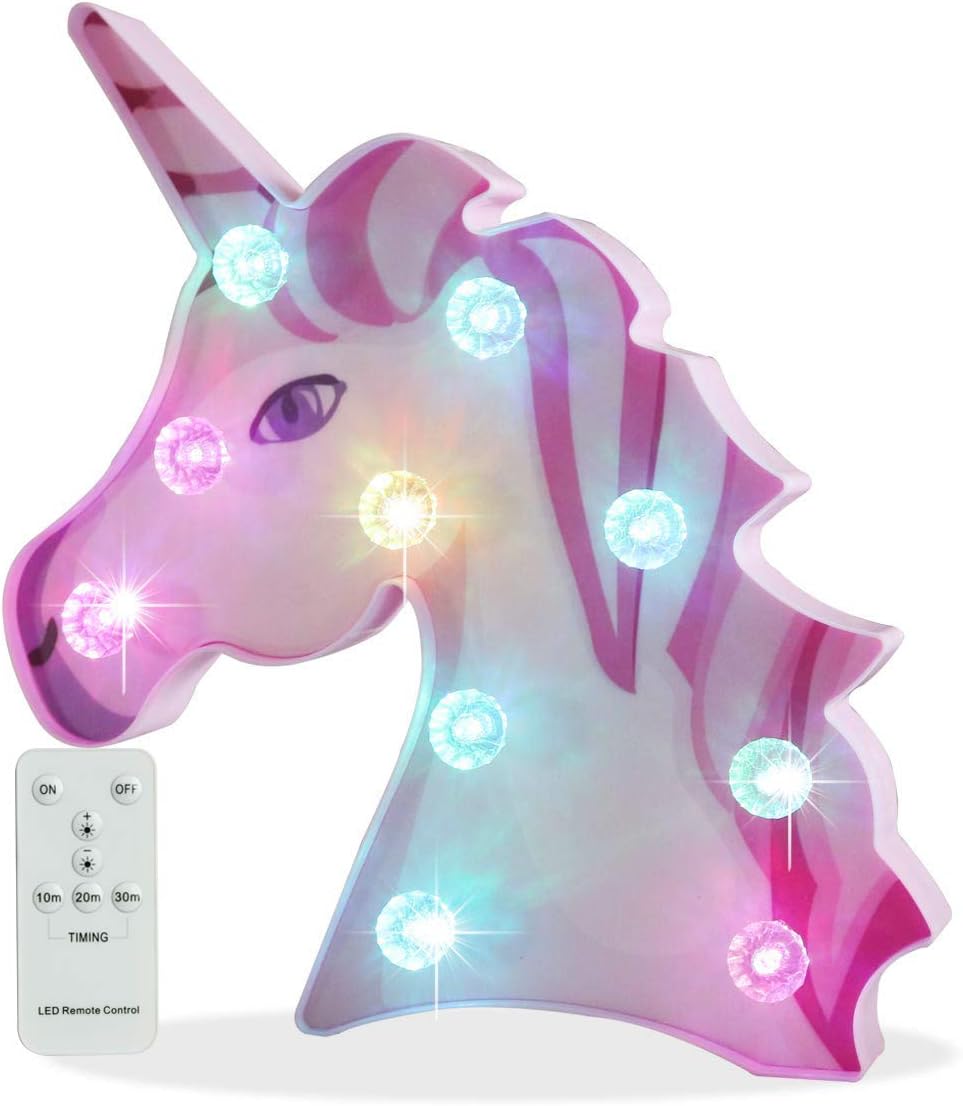 Pooqla Remote Control 3D Rainbow Unicorn Color Changing Unicorn Lamp Girls Night Light with Diamond Light Bulb, Unicorn Birthday Gifts Party Supply – Big Eye Unicorn Head Colorful Glow