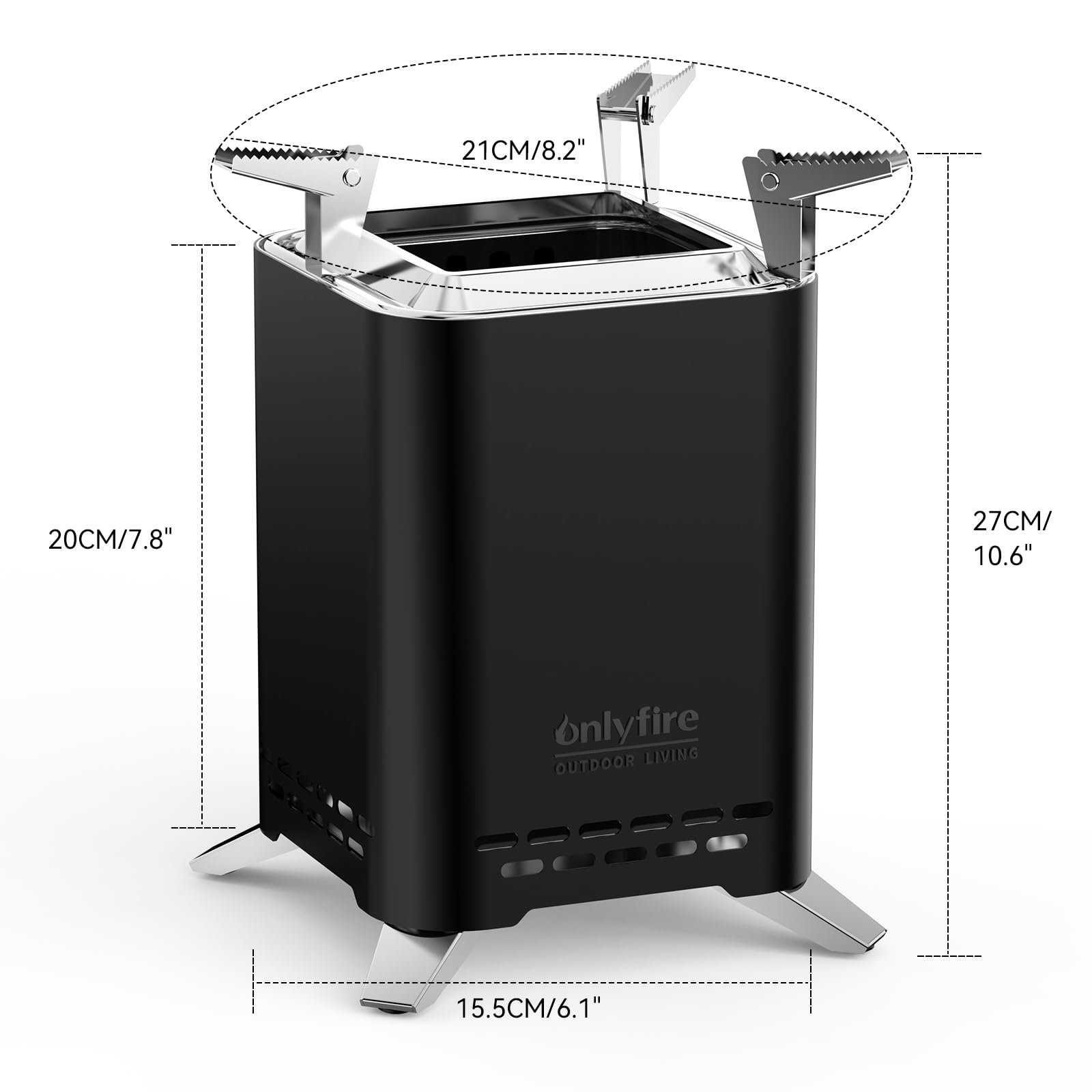 Onlyfire 20 cm Quadrato Braciere Senza Fumo da Tavolo, Focolare Portatile con Staffa per Vaso e Borsa da Trasporto, Bruciatura a Legna e a Pellet, per Campeggio all'aperto Patio, Acciaio Inox, Nero