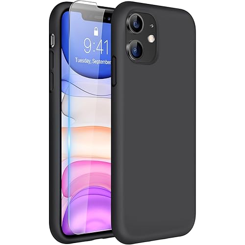 Miracase Compatible with iPhone 11 Phone Case, with Screen Protector, Liquid Silicone Gel Rubber Full Body Drop Protection Shockproof Cover Phone Case for iPhone 11 6.1 inch(Black)
