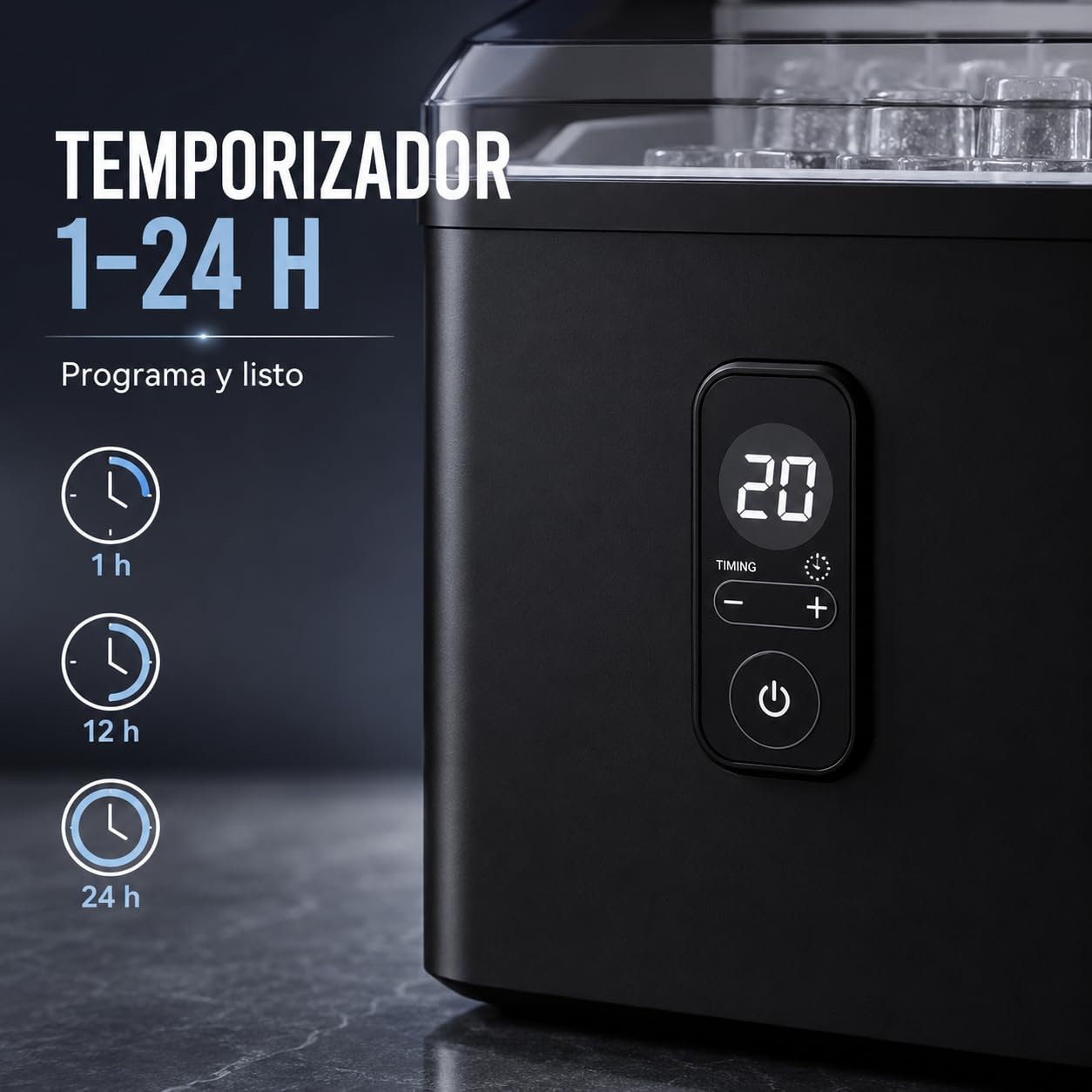 Máquina de Hielo Cubitos Cuadrados 10kg/24h, 9 Cubos en 15 Min | Cubitos transparentes ideales para whisky, cócteles y café frío. Panel digital, temporizador 24h y autolimpieza automática.