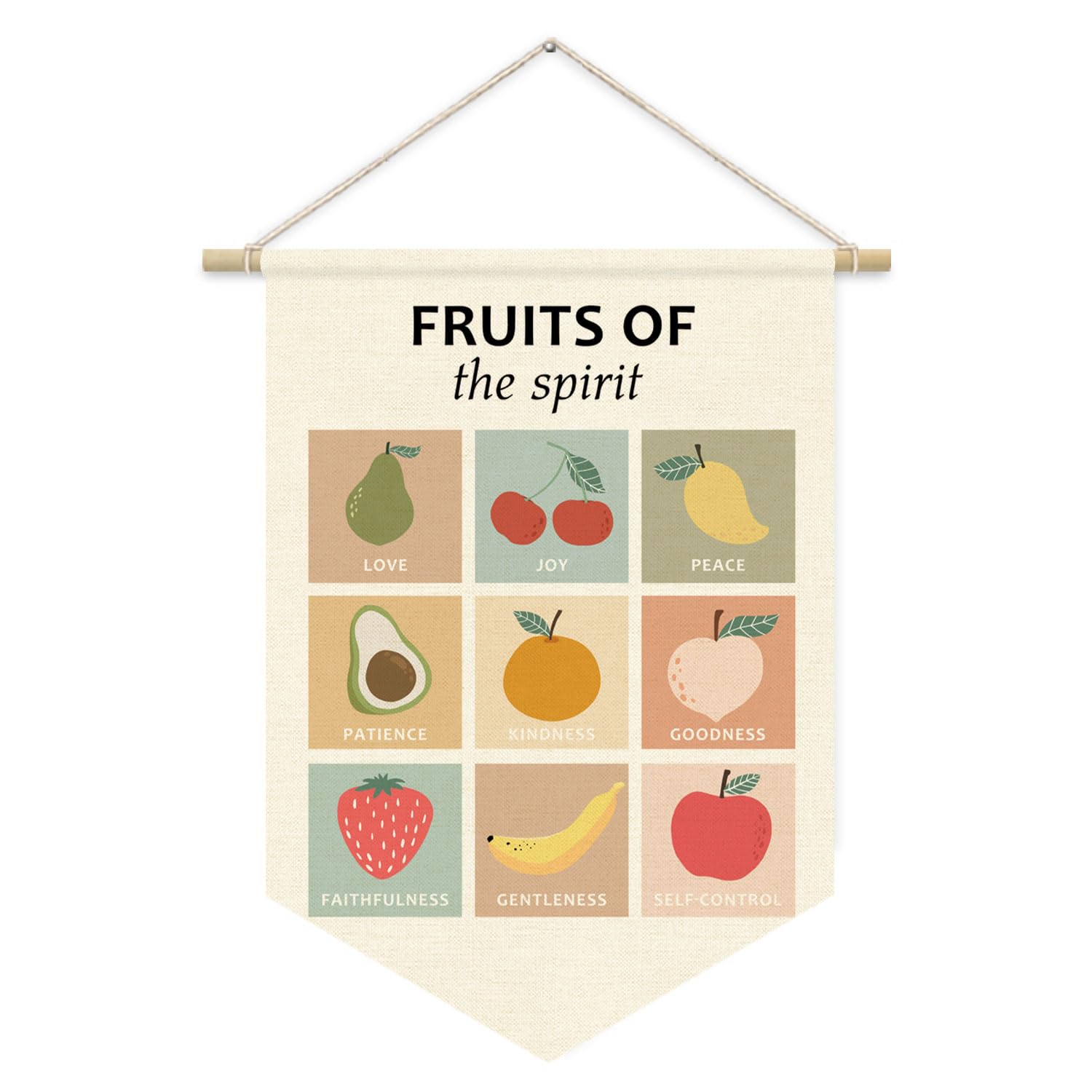 CEBTHN Fruit of the Spirit Christian Wall Hanging Pennant Banner Flags, Inspirational Bible Verses Canvas Wall Banner for Home Kids Room Church Classroom Sunday School Preschool Homeschool Decor