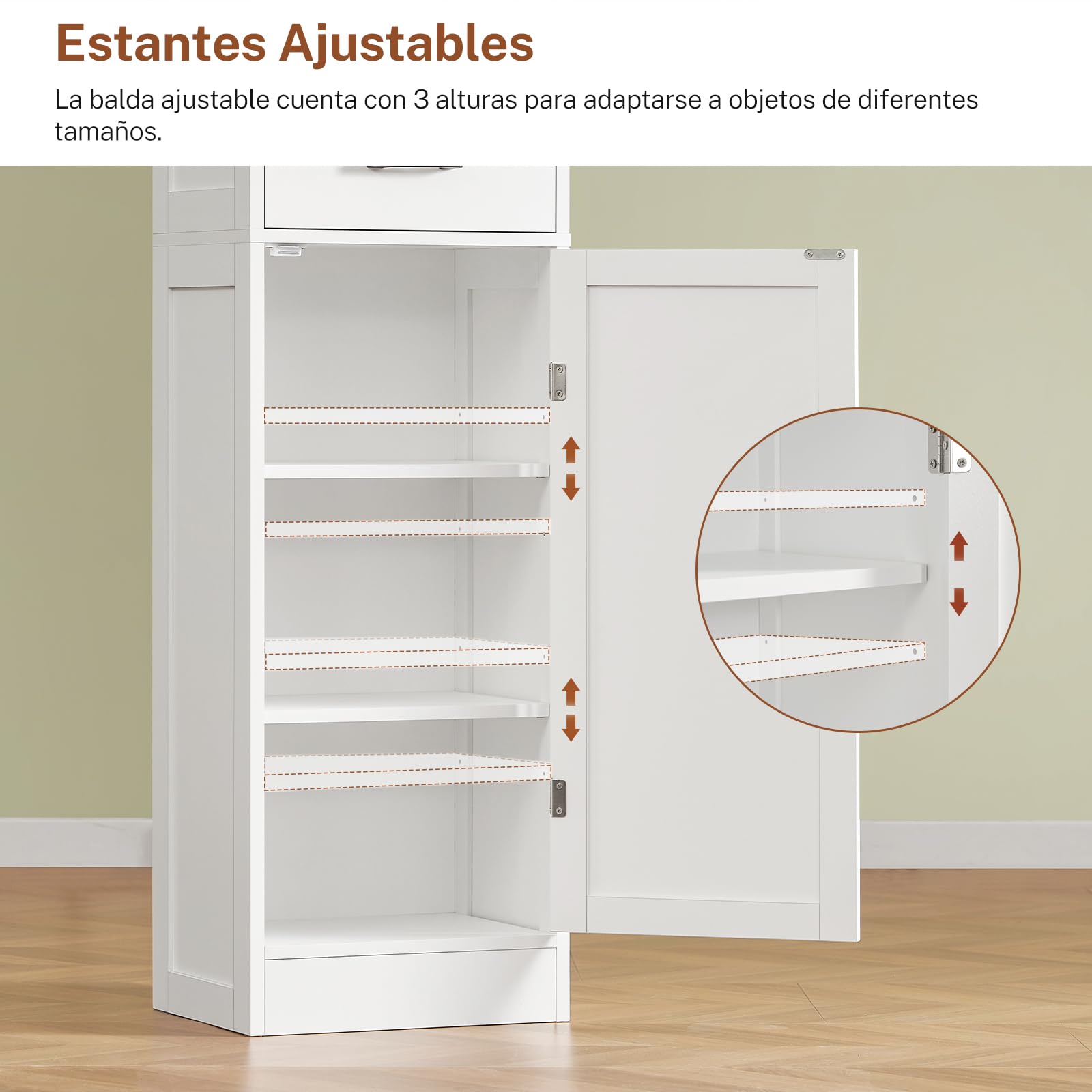 TEENFON Alacena de Cocina Alta y Despensa, Armario Multiusos con 2 Puertas, 1 Cajón y Estantes Ajustables, Aparador y Mueble de Baño para Cocina, Salón, Baño, 170 x 40 x 30 cm, Blanco