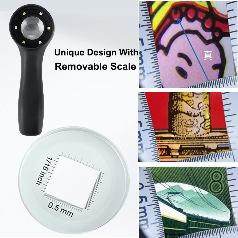 Handheld Jewelers Loupe with Scale, Multi-Function 10X USB Rechargeable Coin Magnifier with Touch Brightness Adjustable Light, Magnifying Glass Loop with UV and LED Light for Coins Jewelry