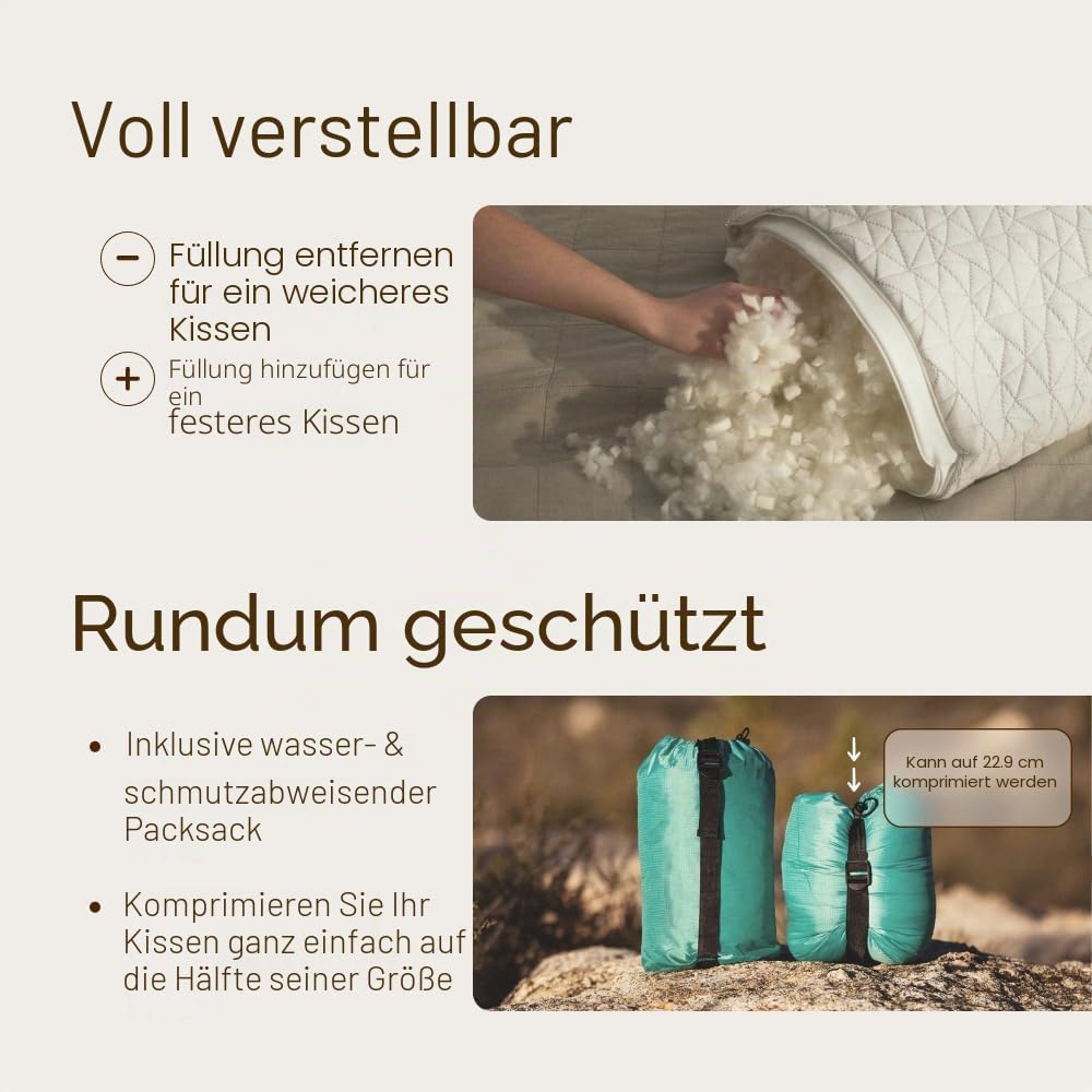 Coop Home Goods Premium Shredded Memory-Schaum Camping und Reisekissen mit Bambusviskose Bezug komprimierbar – inklusive Stoffbeutel, ideal für Rucksackreisen und Reisen, 48,3 x 35,6 cm
