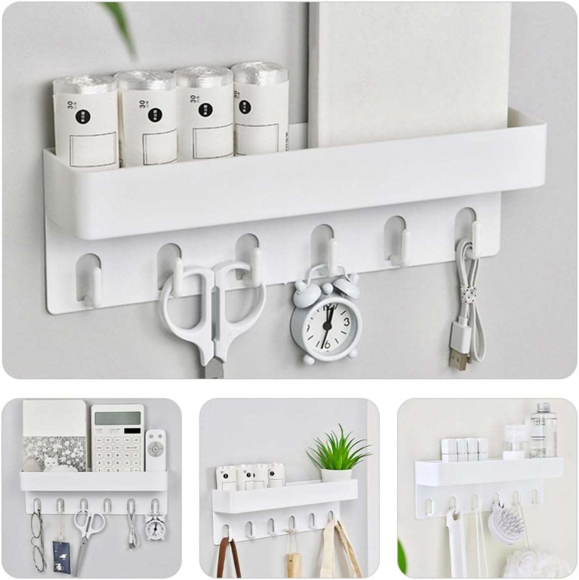 Cabilock Wall Mounted Key Rack Adhesive Plastic Organizer with Hooks