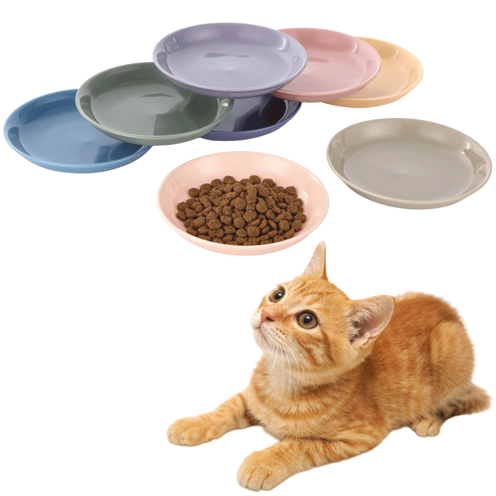8 Pcs Ceramic Cat Bowls Set, 6 inch Colorful Cat Feeding Bowls, Whisker Friendly & Shallow Wide Cat Bowls, Food-Safe Ceramic, Cute Colors for Kitten and Cats