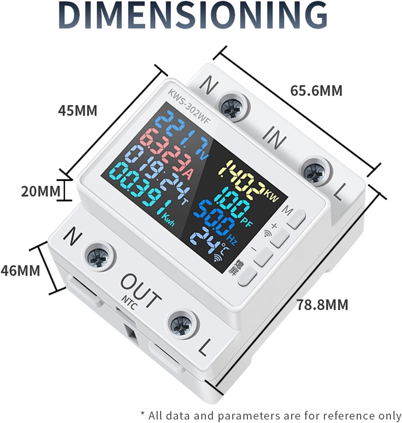 Dimensional drawing of the KWS-302WF meter showing measurements in millimeters.