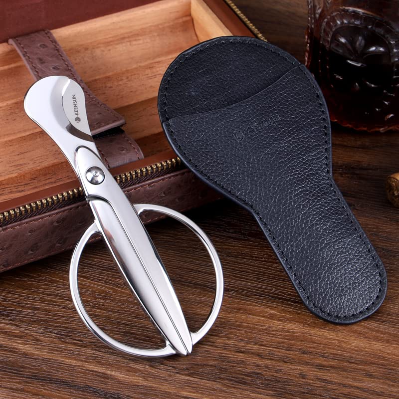 Image of KEENSUN Cigar Scissors Cutter, Stainless Steel Guillotine Double Blade Straight Cut Scissors (Silver) with Leather Case Cigar Accessories for Cigars(2.75 inch Handle Width)