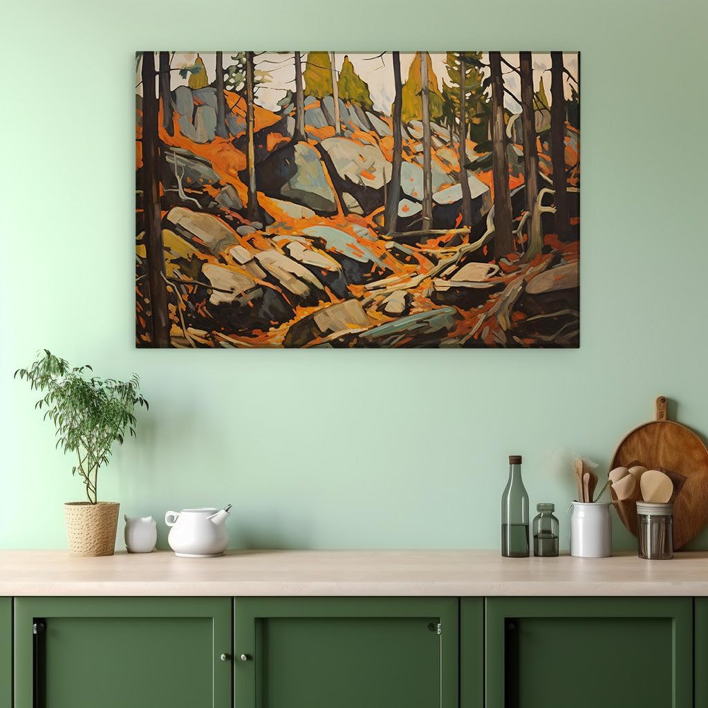 Canvas for Living room. Autumn Serenity in Impasto A Tranquil Forest Brought to Life, 27 x 18 inch Canvas Wall Art - Contemporary Masterpieces - Modern Home Decor