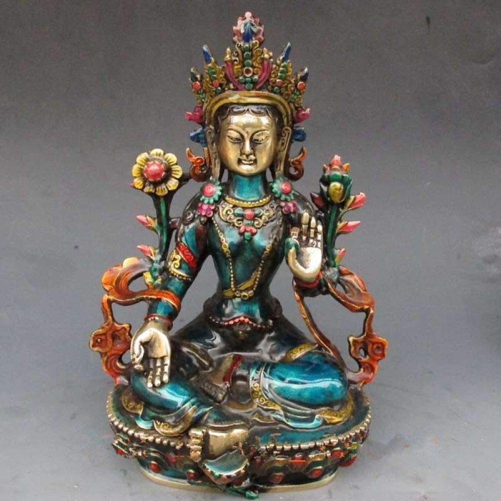 Bronzo Antico Puro Rame Antico Ottone Statua Buddista intagliata a Mano della Tara Verde di Buddha, Come Mostrato