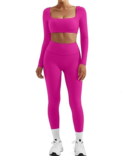 SUUKSESS Women 2 Piece Workout Sets Compression Tummy Control Leggings with Pockets Long Sleeve Square Neck Padded Crop Tops - Large - Hot Pink
