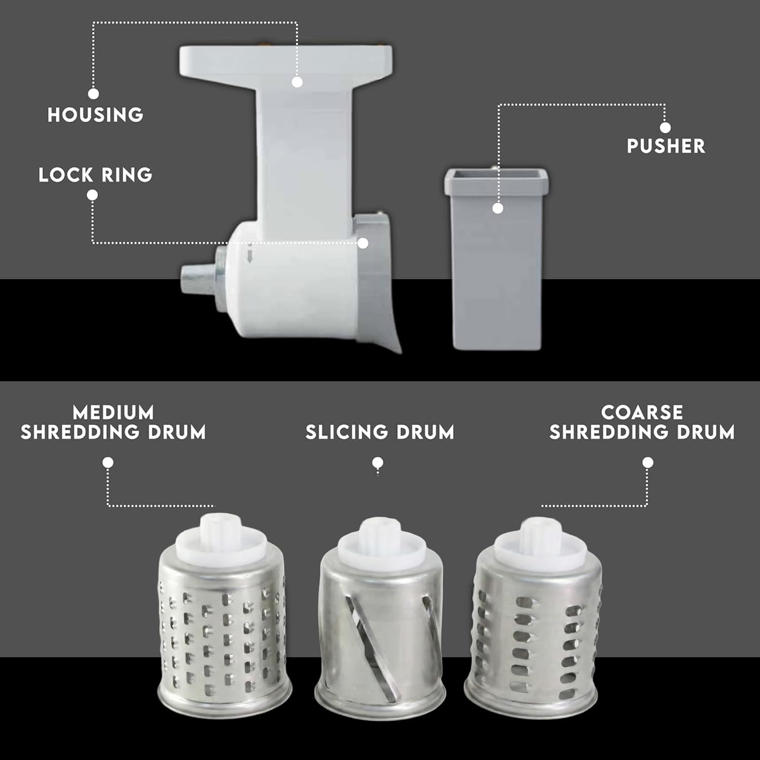 Slicer Shredder Attachment compatible with KitchenAid, Includes 3 Stainless Steel Drums All-in-1 Fruit Slicer, Vegetable Chopper, and Cheese Grater