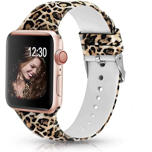 Sunnywoo Leopard Bands Compatible with Apple Watch Band 38mm 40mm 41mm 42mm 44mm 45mm, Soft Silicone Fadeless Pattern Printed Replacement Sport Bands for iWacth Series SE 7 6 5 4 3 2 1 for Women Men