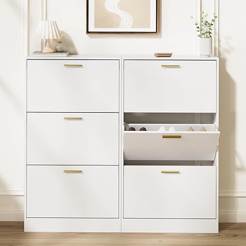 Miniatura 3 de LYNSOM Juego de 2 zapateros, organizador de zapatos con 3 cajones abatibles, moderno almacenamiento de zapatos de entrada con pantalla superior,