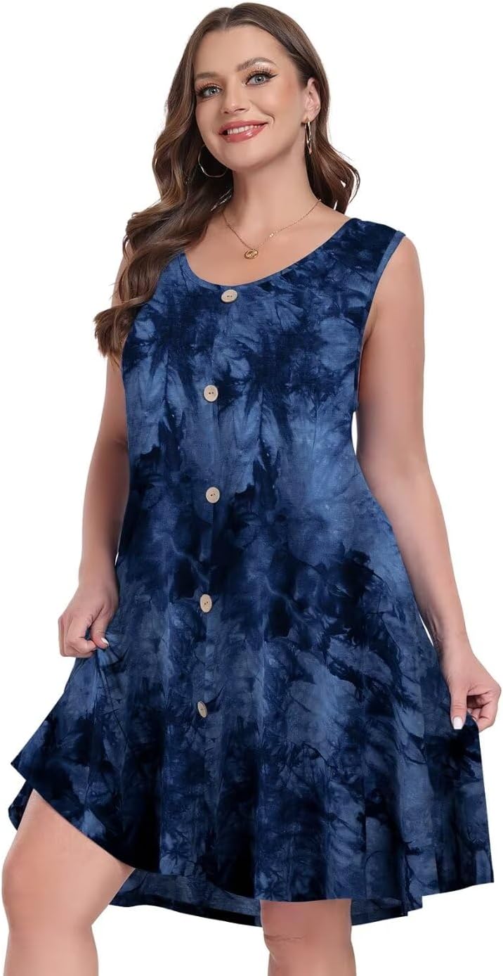 MONNURO Women Tank Dress Plus Size Sundresses Summer Casual Sleeveless Button Down Midi Beach Dresses with Pocket - Image 2