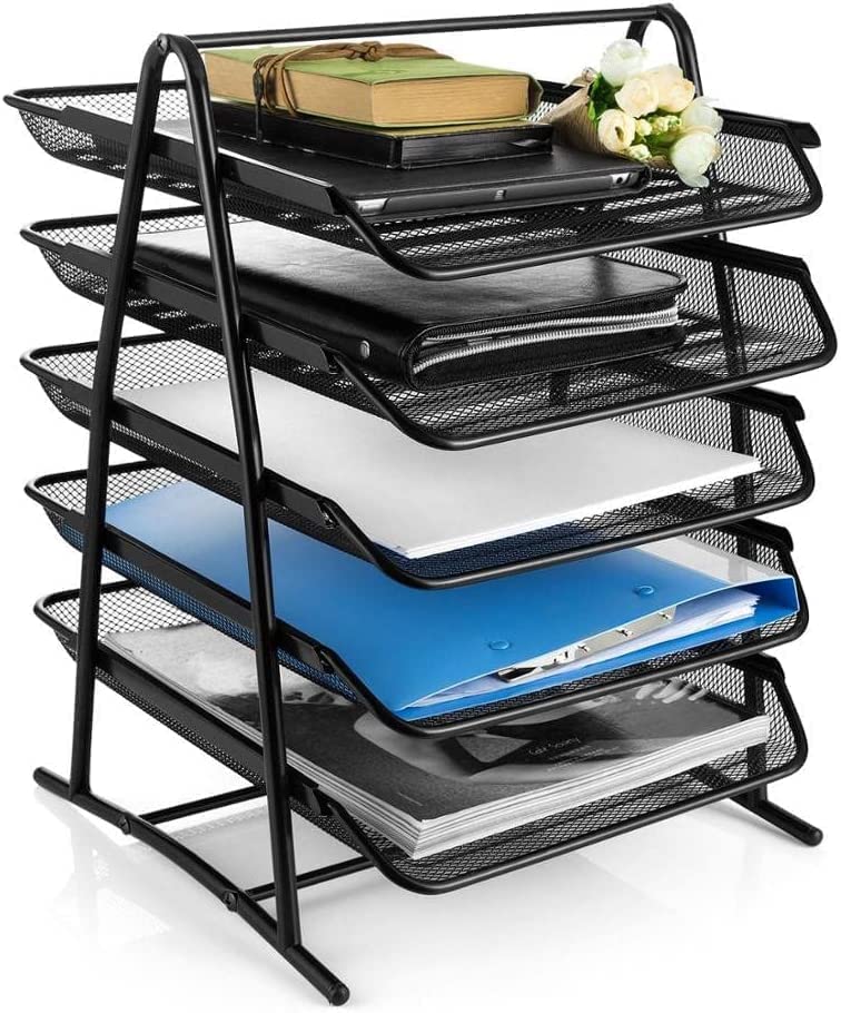 AMECO Portadocumenti In Metallo 5 Scomparti | Organizer Da Scrivania Ufficio | 29x35x33.5cm Nero - Foto 5