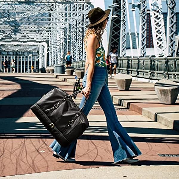 S-Zone överdimensionerad resväska för damer duffelväska handbagage på duk resa duffelväska weekendväska för kvinnor och damer, Svart-pu-läder, M, Reseduffel