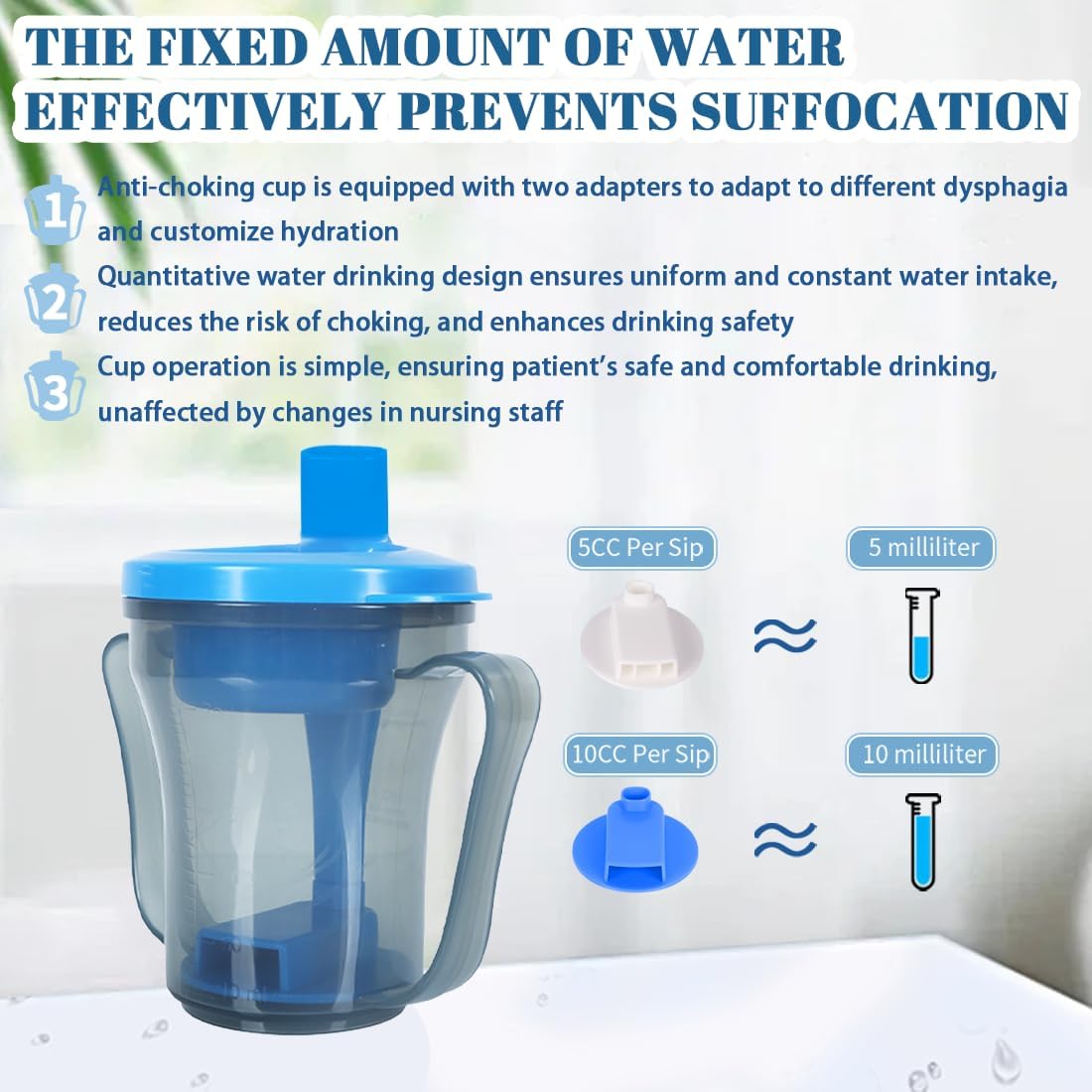 dysphagia regulating drinking cup for elderly with difficulty swallowing,with 5cc and 10cc sip cup,assistive devices liquids only,No thickener is Used (Blue-Lid+Grey Body,Pack of 1)