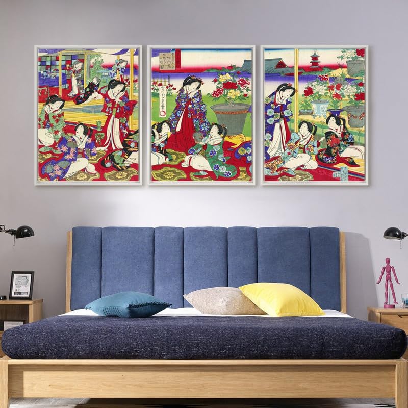 Poster japonais Utagawa Chikashige triptyque Geisha Asakusa décoration murale chambre