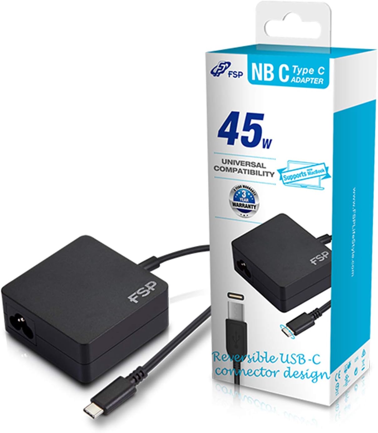 FSP USB-C PD 45W Power Adapter – Fast Charger for Laptops, Tablets, and Phones – Type-C Compact Wall Charger (FSP045-A1BR, Black)