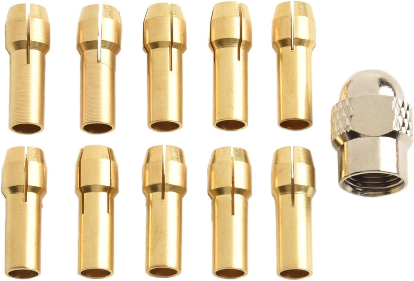 Brass Collet Chuck Set for Rotary Tools, 10pcs 0.5-3.2mm Precision Drill Bit Holders with M8x0.75mm Nut, Gold Metal Accessories for Engraving Polishing and Grinding Tasks