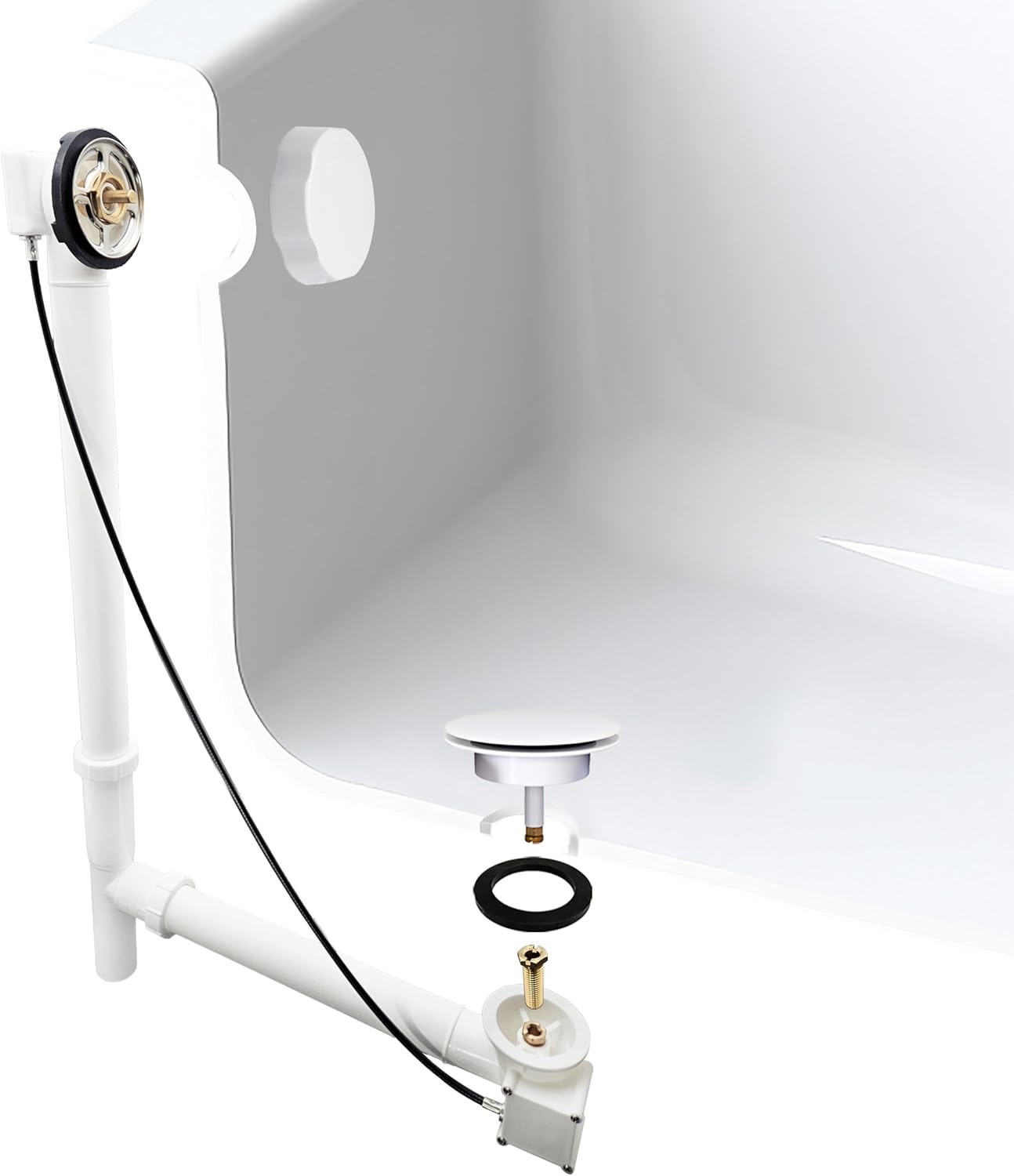 Westbrass A50P35TLE-50 35" Cable Drive Bath Drain Trim Kit with Rotary Overflow Cover Knob, European Stopper and Poly Tubular Pipes, White