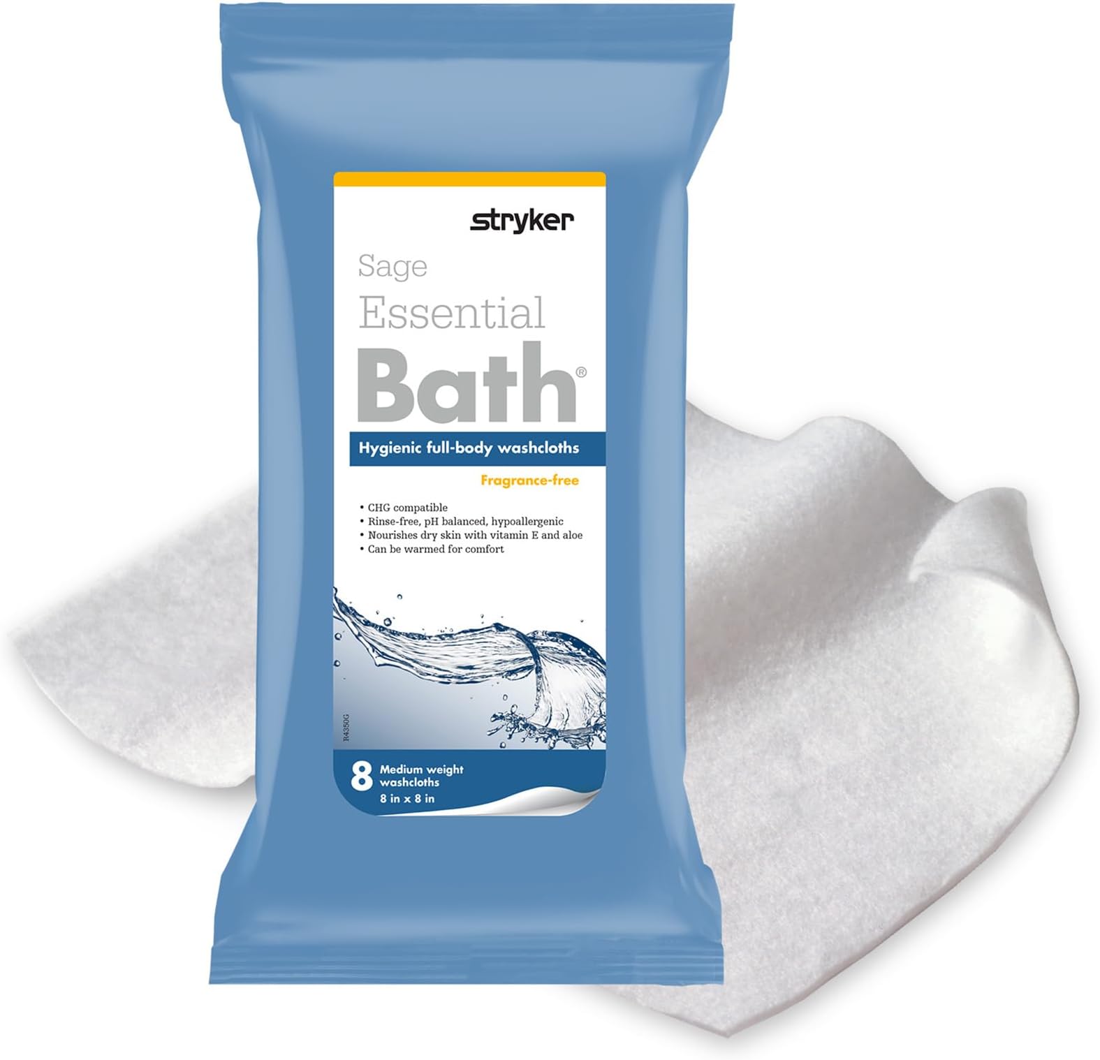 Stryker - Sage Essential Bath Cleansing Washcloths - 60 Packages, 480 Cloths - Fragrance Free, No-Rinse Bathing Wipes, Ultra-Soft and Medium Weight Cloth, Hypoallergenic