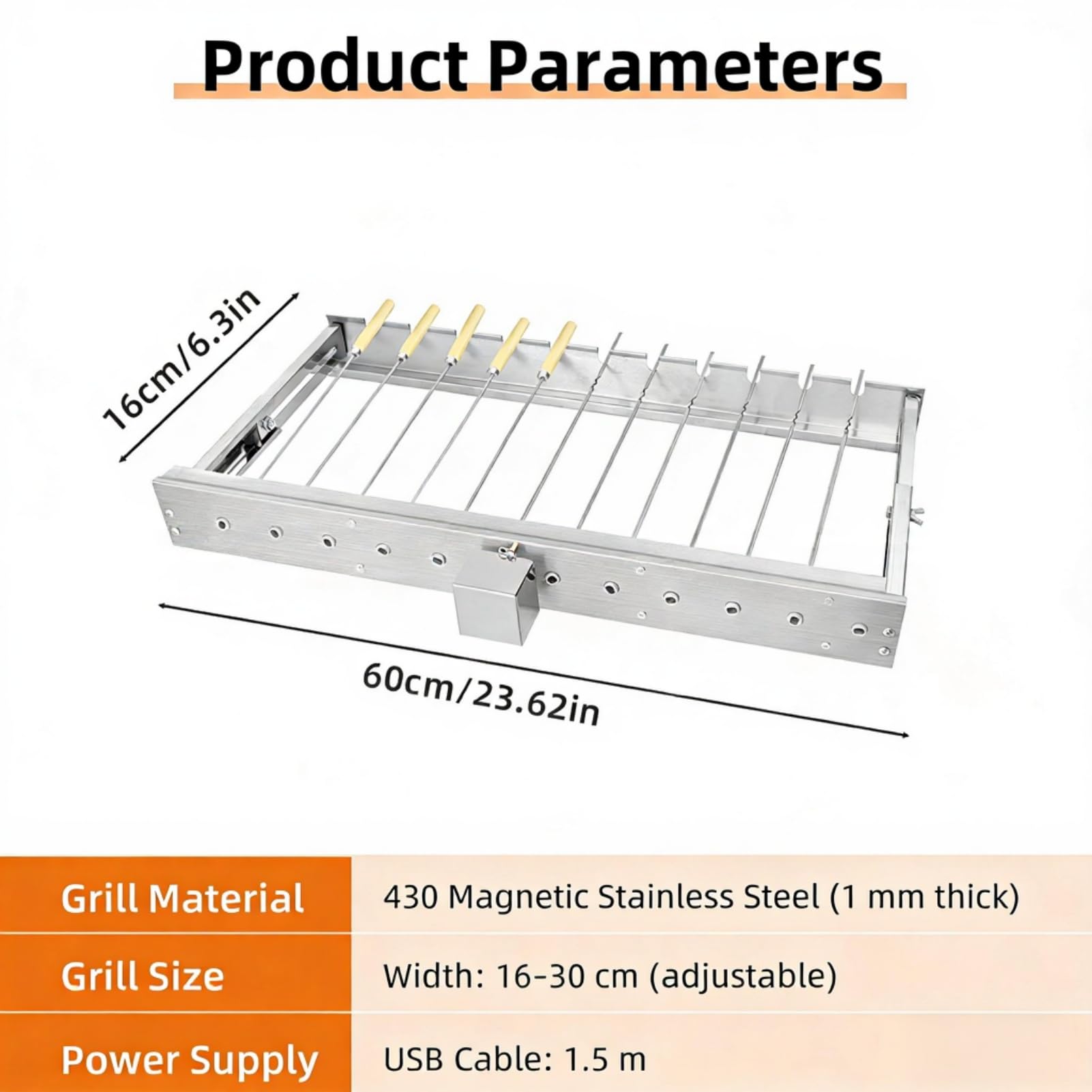 Girarrosto Elettrico Acciaio Inox, Area Cottura Regolabile 16 a 30cm, Automatica USB Girarrosto per Barbecue per Picnic Feste in Giardino Casa e Campeggio (60cm Lunghezza)